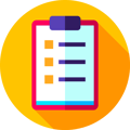 Image: An illustrated icon of a checklist with orange boxes and purple writing on a bright orange circular background. 