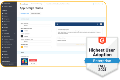 App Design Studio UI with a G2 badge for Highest User Adoption (Enterprise) Fall 2021. App Design Studio UI with a G2 badge for Highest User Adoption (Enterprise) Fall 2021.