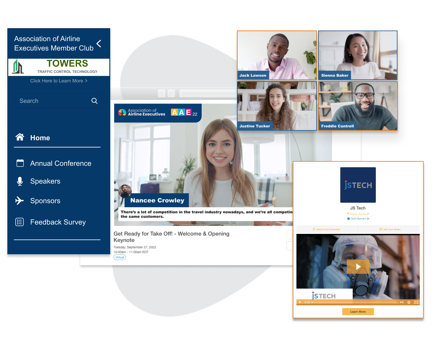 Elements of EventMobi’s virtual event platform including event space sections, a speaker session, interactive breakout room, live session chat and content management system drop down menu. Elements of EventMobi’s virtual event platform including event space sections, a speaker session, interactive breakout room, live session chat and content management system drop down menu.