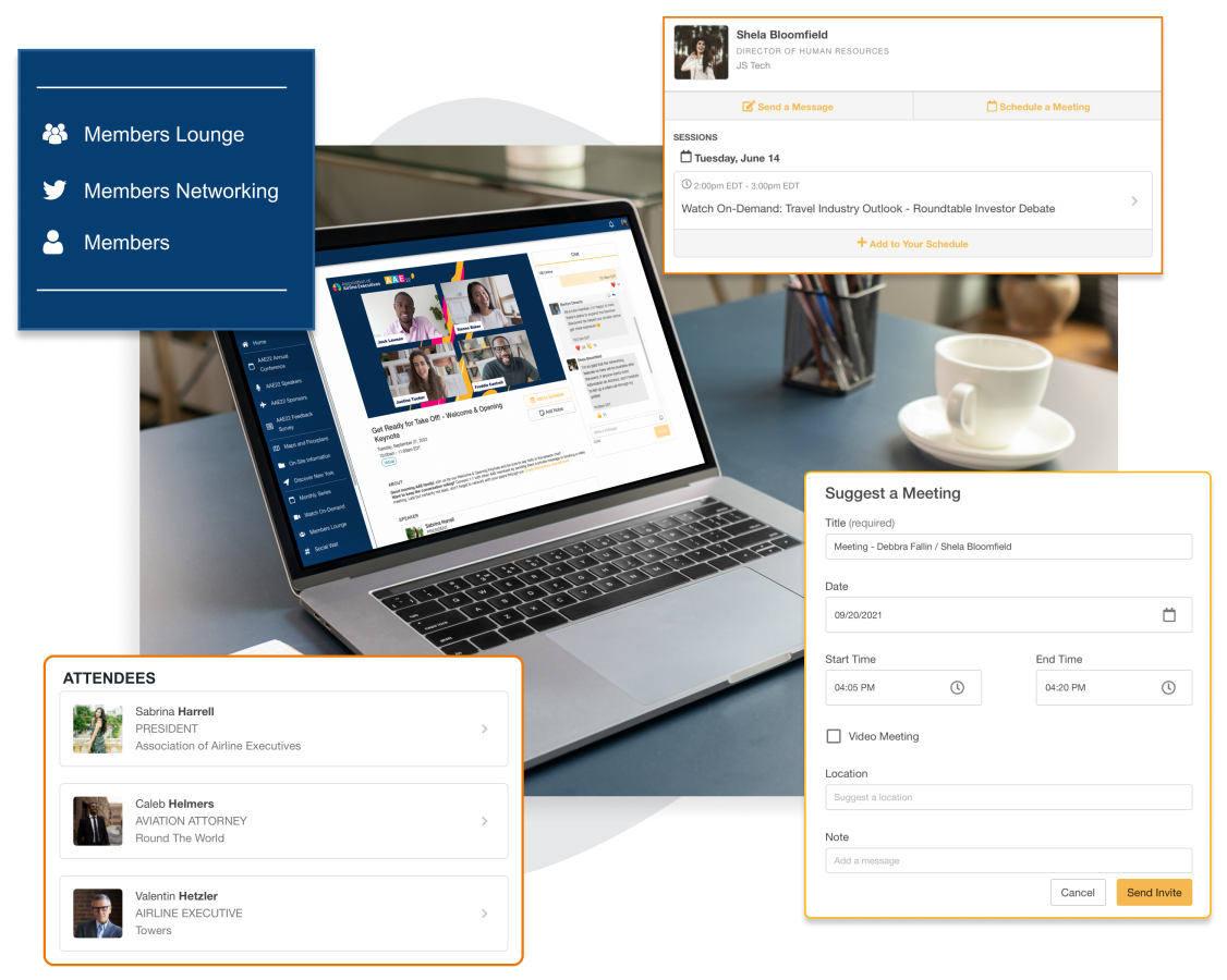 The EventMobi Event Space in a laptop on a desk with a coffee cup and pencil holder beside it with additional UI element pop-ups