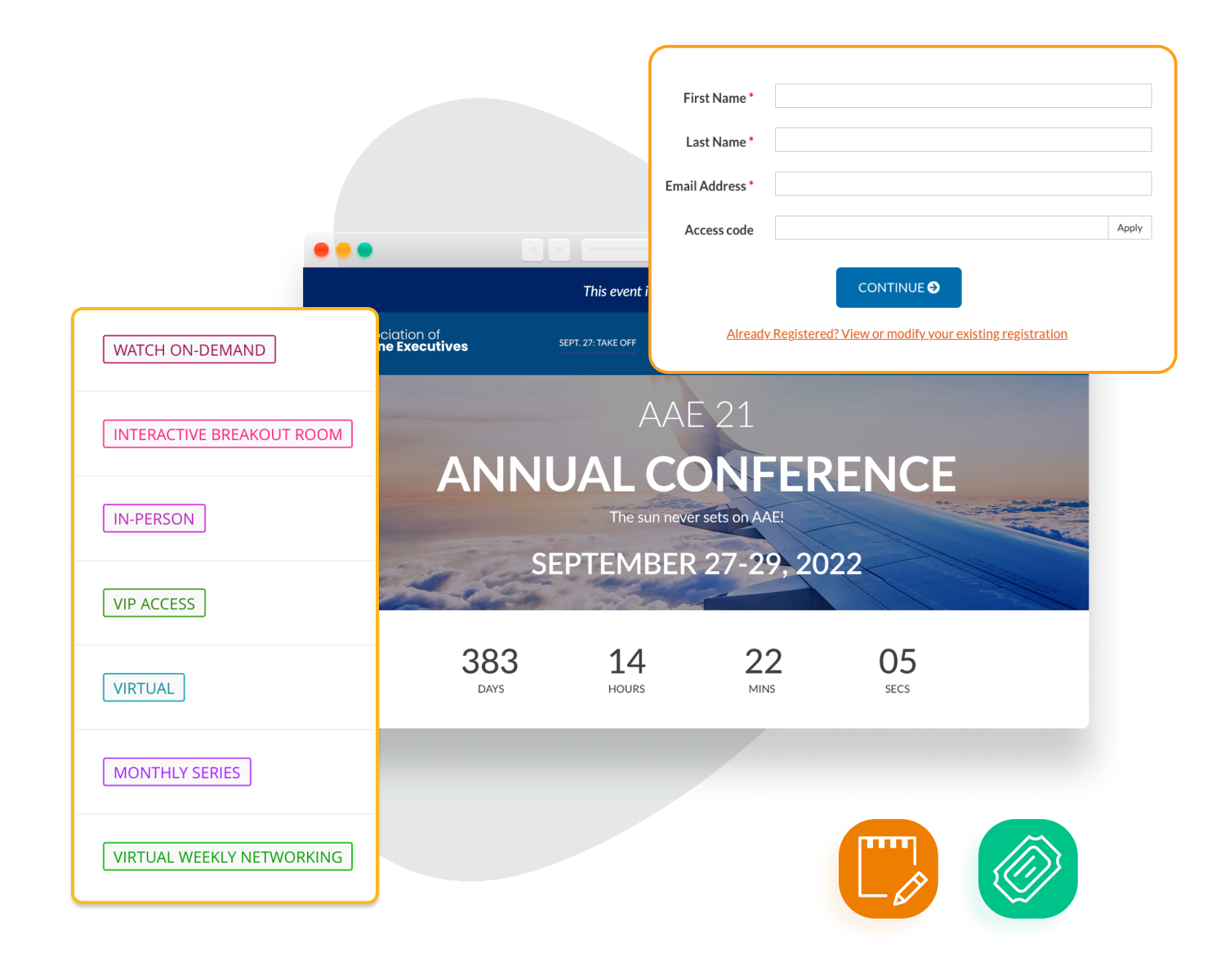 A browser showing a registration site, with a popup of a registration form, and two icons representing a notepad and a ticket. A browser showing a registration site, with a popup of a registration form, and two icons representing a notepad and a ticket.