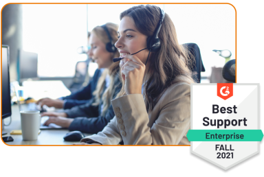 Customer Success personel on calls helping clients, paired with G2 badge for Best Support (Enterprise) Fall 2021 Customer Success personel on calls helping clients, paired with G2 badge for Best Support (Enterprise) Fall 2021