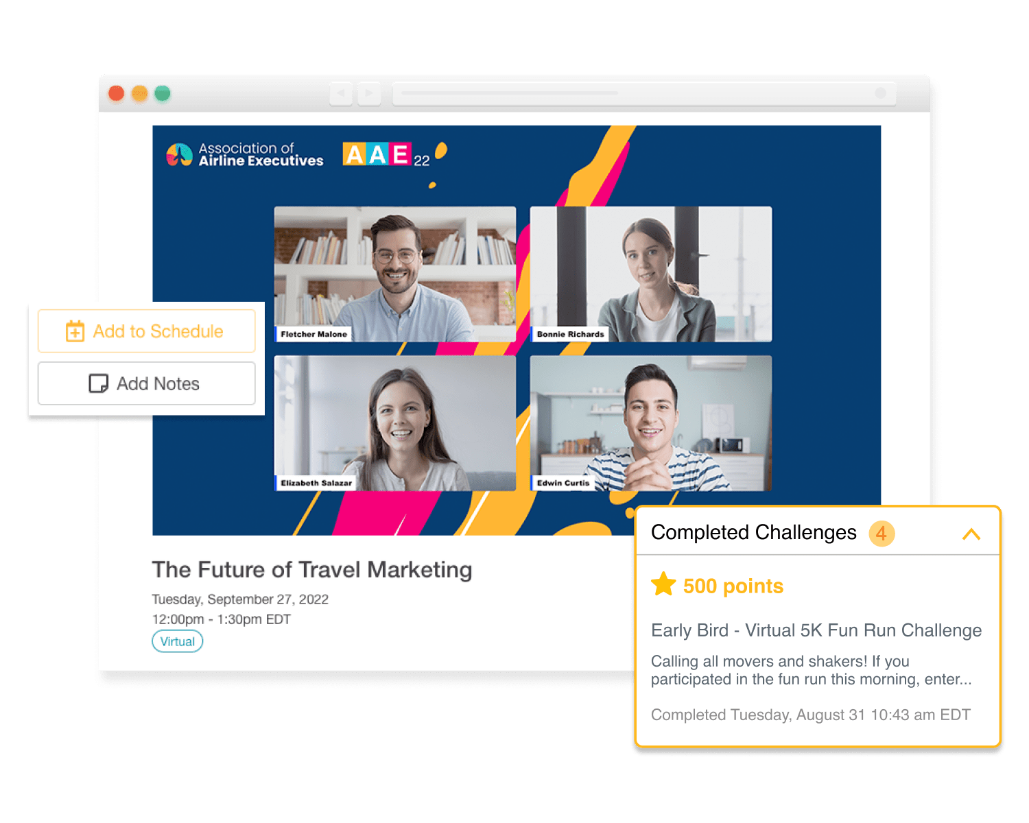 An ongoing virtual session with a popup of Add to Schedule and Add Notes buttons, and a phone showing a list of gamification challenges. An ongoing virtual session with a popup of Add to Schedule and Add Notes buttons, and a phone showing a list of gamification challenges.