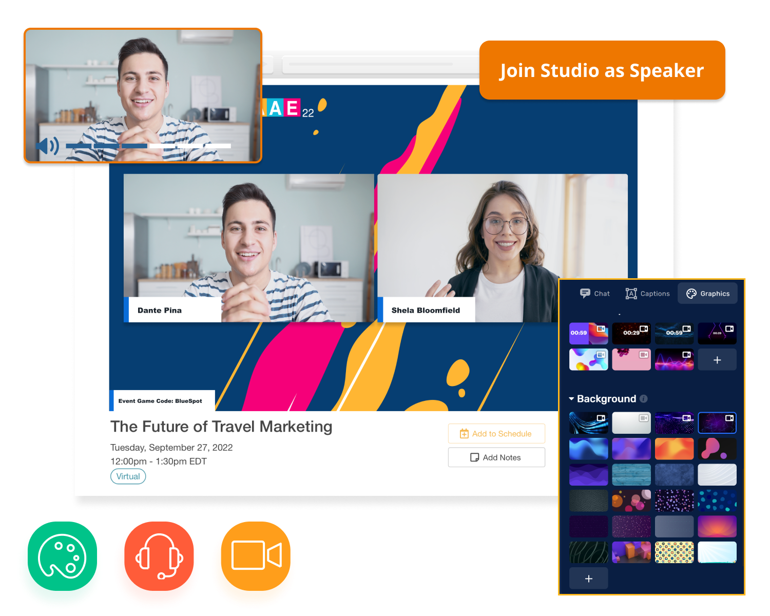 An ongoing virtual session with a popup of a video feed of a speaker, another popup of "Join Studio as Speaker", a popup of editing options of Livestream Studio, and icons pertaining to live streaming. An ongoing virtual session with a popup of a video feed of a speaker, another popup of "Join Studio as Speaker", a popup of editing options of Livestream Studio, and icons pertaining to live streaming.