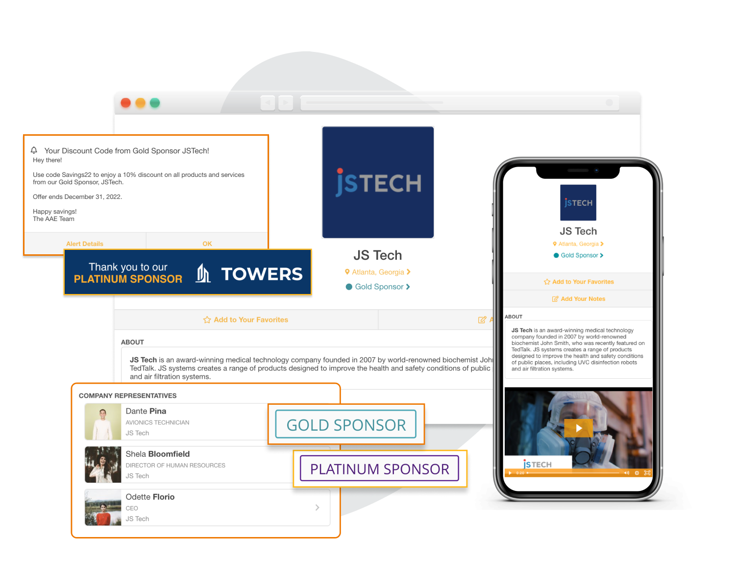 EventMobi virtual exhibitor booth in desktop and mobile browser windows with company reps and sponsor tier tags. EventMobi virtual exhibitor booth in desktop and mobile browser windows with company reps and sponsor tier tags.