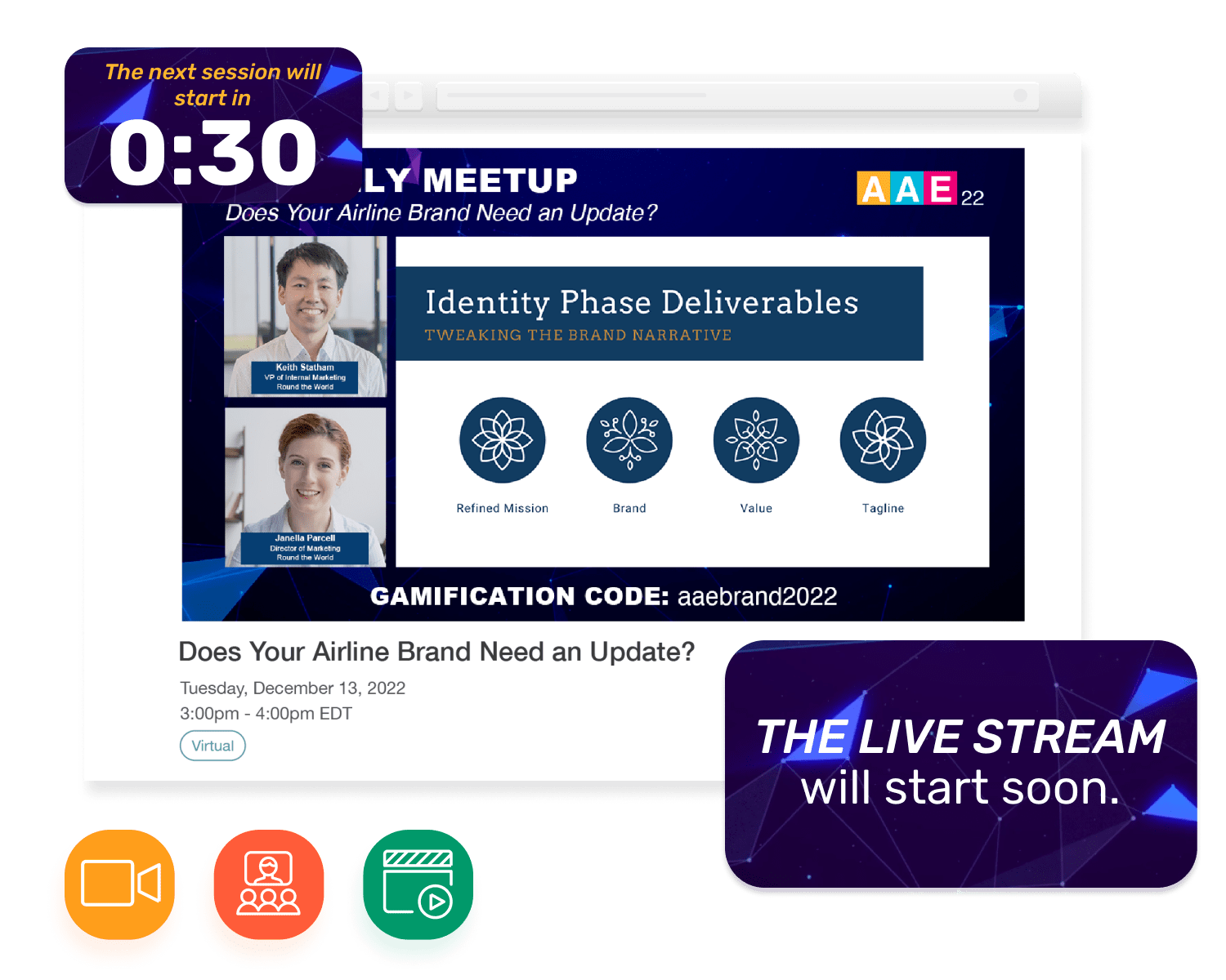 An active GoLive! Session on a browser screen, with popups of a countdown for the next session, and another popup with "The Live Stream will start soon", as well as icons of a video camera, an online session, and a clapper respectively. An active GoLive! Session on a browser screen, with popups of a countdown for the next session, and another popup with "The Live Stream will start soon", as well as icons of a video camera, an online session, and a clapper respectively.