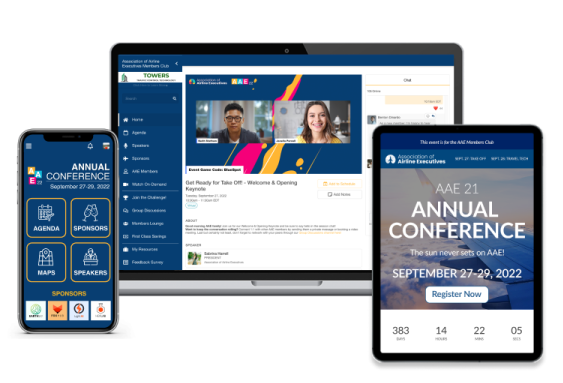 A smartphone showing the EventMobi Event App, a laptop showing an active EventMobi virtual session, and tablet showing a registration landing page. A smartphone showing the EventMobi Event App, a laptop showing an active EventMobi virtual session, and tablet showing a registration landing page.