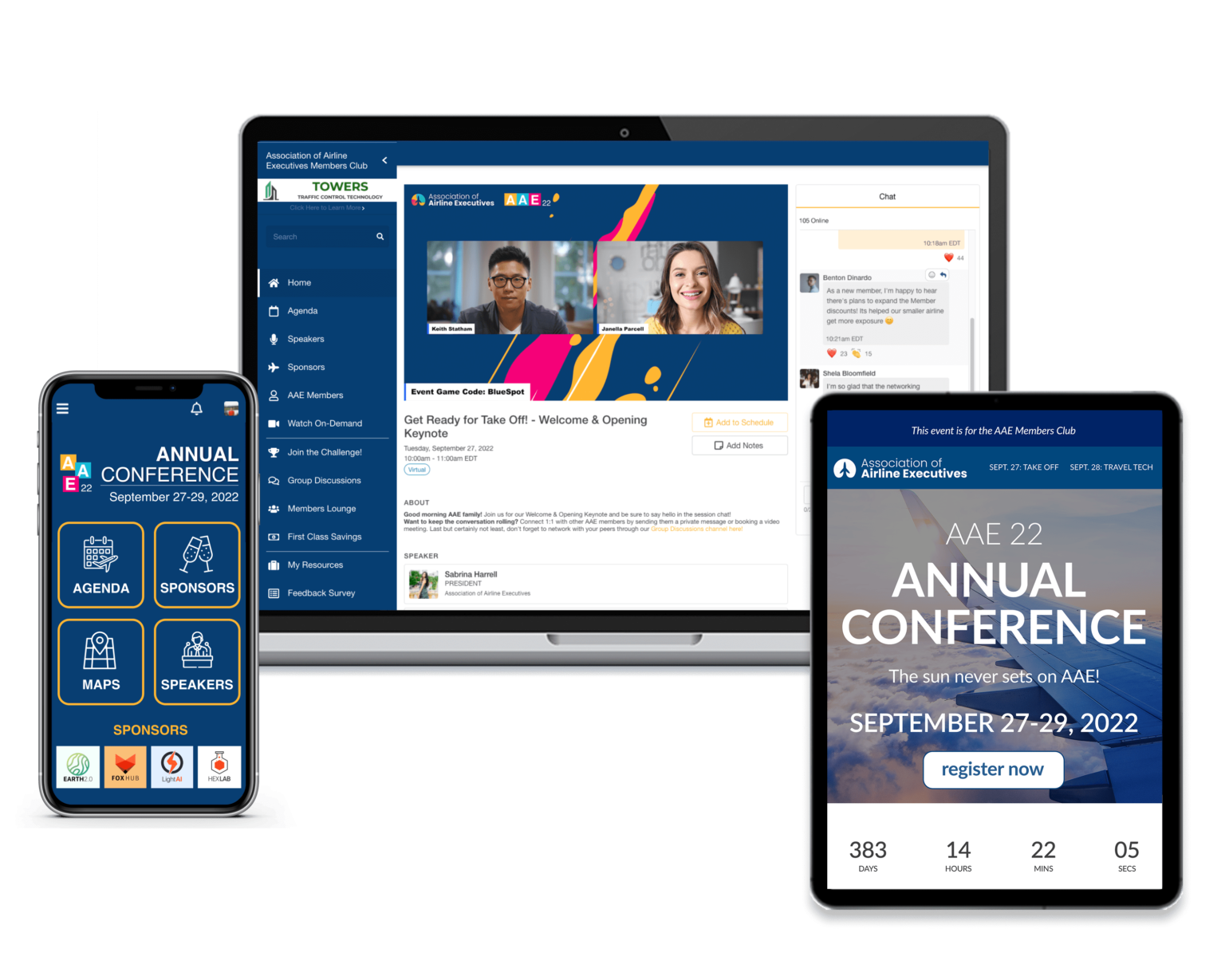 The EventMobi Mobile Event App, Virtual Event Space, and Registration Landing Page showcased in different devices The EventMobi Mobile Event App, Virtual Event Space, and Registration Landing Page showcased in different devices