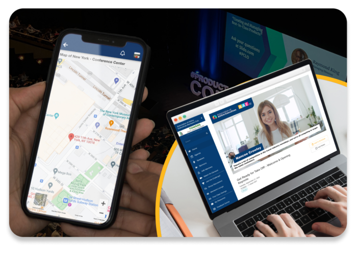 An attendee using the interactive mapping feature on an EventMobi Mobile Event App, and a virtual event attendee watching a live stream session on a laptop An attendee using the interactive mapping feature on an EventMobi Mobile Event App, and a virtual event attendee watching a live stream session on a laptop