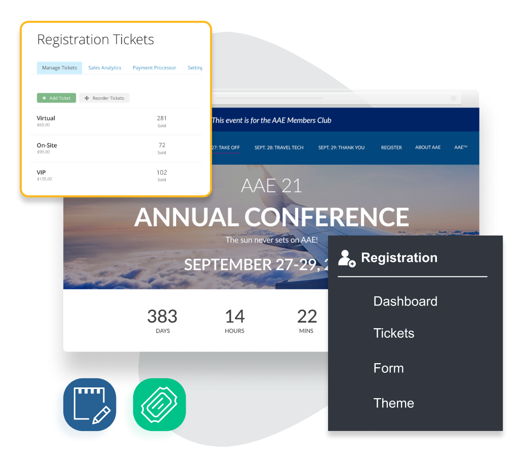 An event marketing website landing page in a browser window and EventMobi registration and ticketing menus. An event marketing website landing page in a browser window and EventMobi registration and ticketing menus.