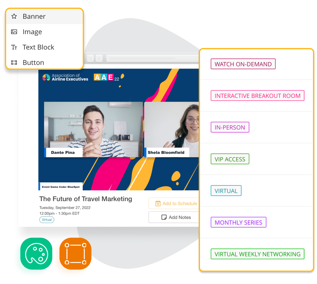 EventMobi event space sections in a browser window with tags for tracks, libraries and design tools. EventMobi event space sections in a browser window with tags for tracks, libraries and design tools.