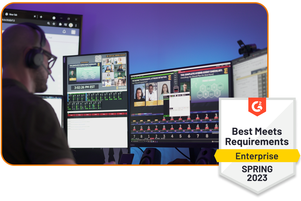 Professional managing multi-screen video production and streaming studio setup, paired with G2 badge for Best Meets Requirements