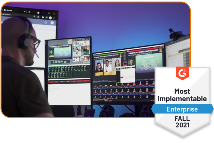 An EventMobi GoLive! Producer in front of several screens producing virtual event live stream sessions An EventMobi GoLive! Producer in front of several screens producing virtual event live stream sessions