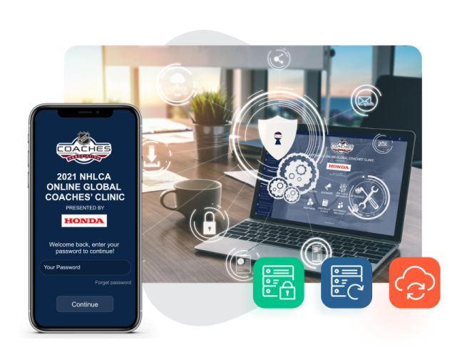 A phone showing a login page of a virtual event, a laptop showing a virtual event platform, and icons showing data management A phone showing a login page of a virtual event, a laptop showing a virtual event platform, and icons showing data management