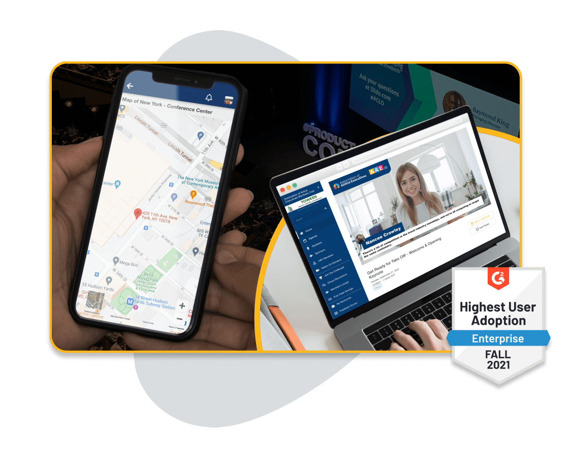 An image of a mobile event app being held in an in person event, and a woman watching a live stream through EventMobi's virtual event space on her laptop a G2 Highest Users Adoption Enterprise Fall 2021 badge to one side An image of a mobile event app being held in an in person event, and a woman watching a live stream through EventMobi's virtual event space on her laptop a G2 Highest Users Adoption Enterprise Fall 2021 badge to one side