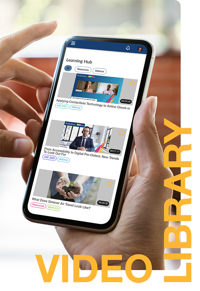Image: Two hands hold a phone screen that displays a Video Libray titled “Learning Hub” and 3 air travel related videos. 